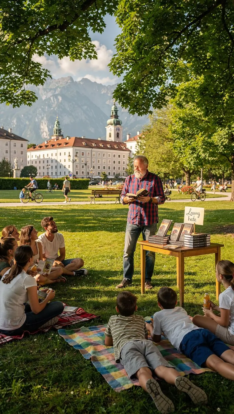 Ein Bild einer Lesung in einem gemütlichen österreichischen Café mit aufmerksamen Zuhörern.