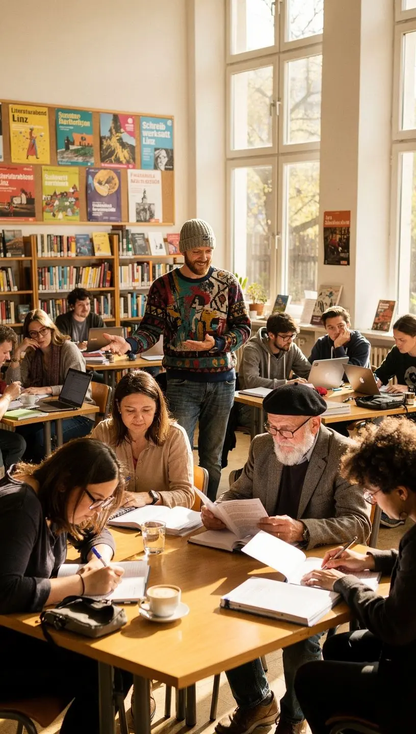 Eine Lesung in einem kleinen, einladenden Veranstaltungsraum mit begeistertem Publikum.