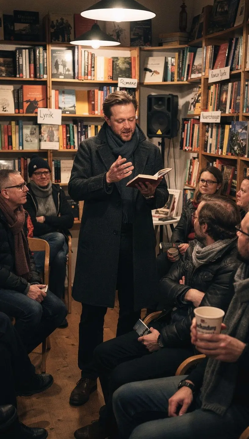 Ein Stapel von Büchern lokaler österreichischer Schriftsteller auf einem Holztisch.