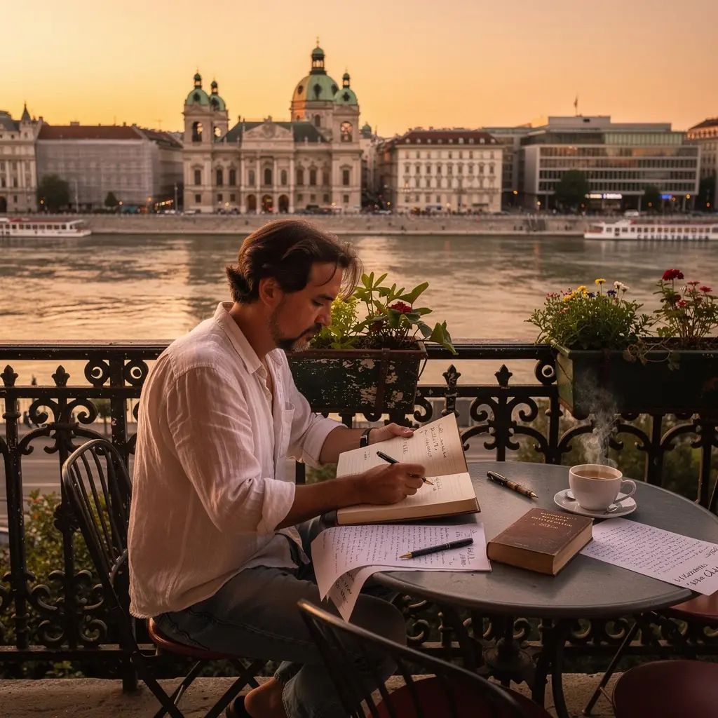 Ein Stapel neuer Bücher von regionalen Autoren auf einem Tisch in einem Literaturcafé.