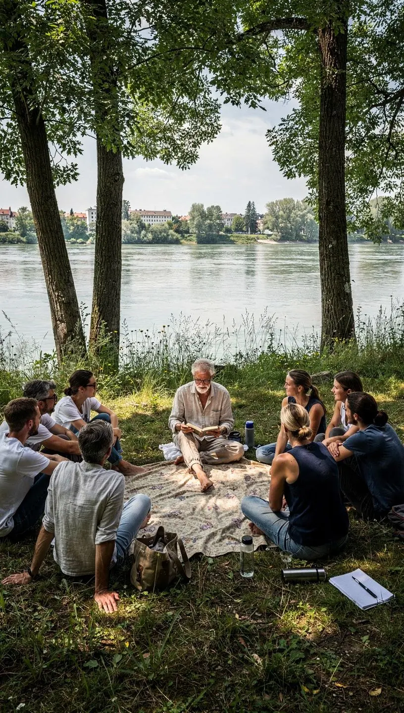 Ein Bild eines österreichischen Autors, der in einem gemütlichen Café an seinem Manuskript arbeitet.
