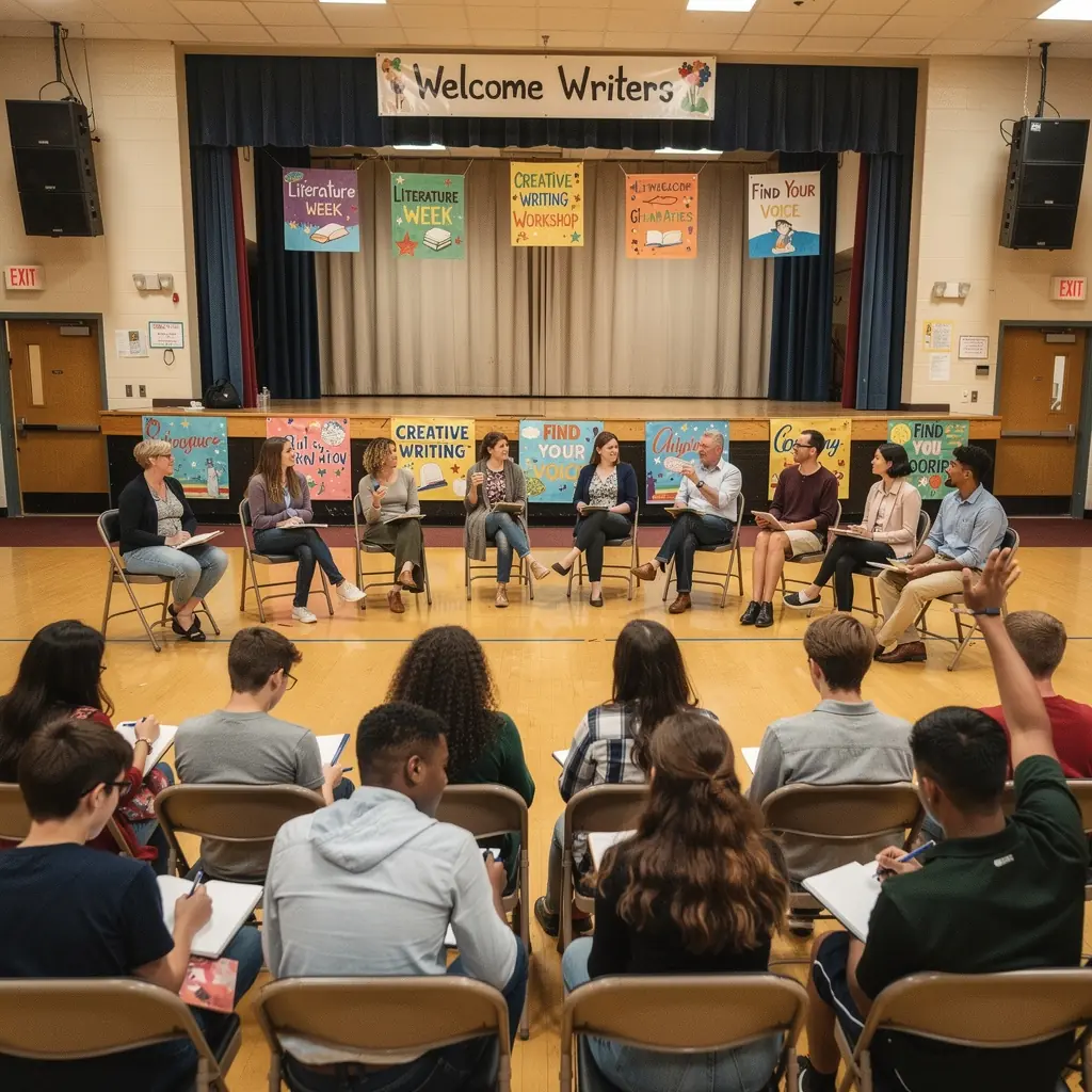 Eine Lesung in einem traditionellen Г¶sterreichischen Veranstaltungsort, bei der ein Autor seine Geschichten vor einem begeisterten Publikum prГ¤sentiert.