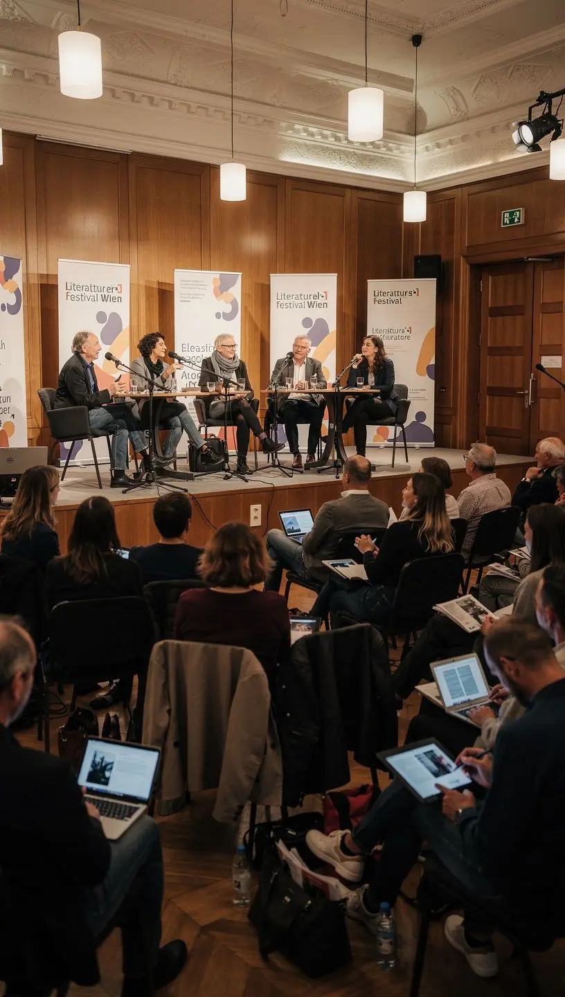 Ein Gruppenfoto von Autoren bei einem Literaturfestival, die ihre Werke stolz präsentieren.